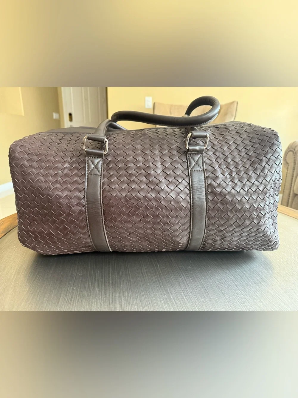 Handmade genuine Woven Leather Weekend Duffel Bag - Dark Brown